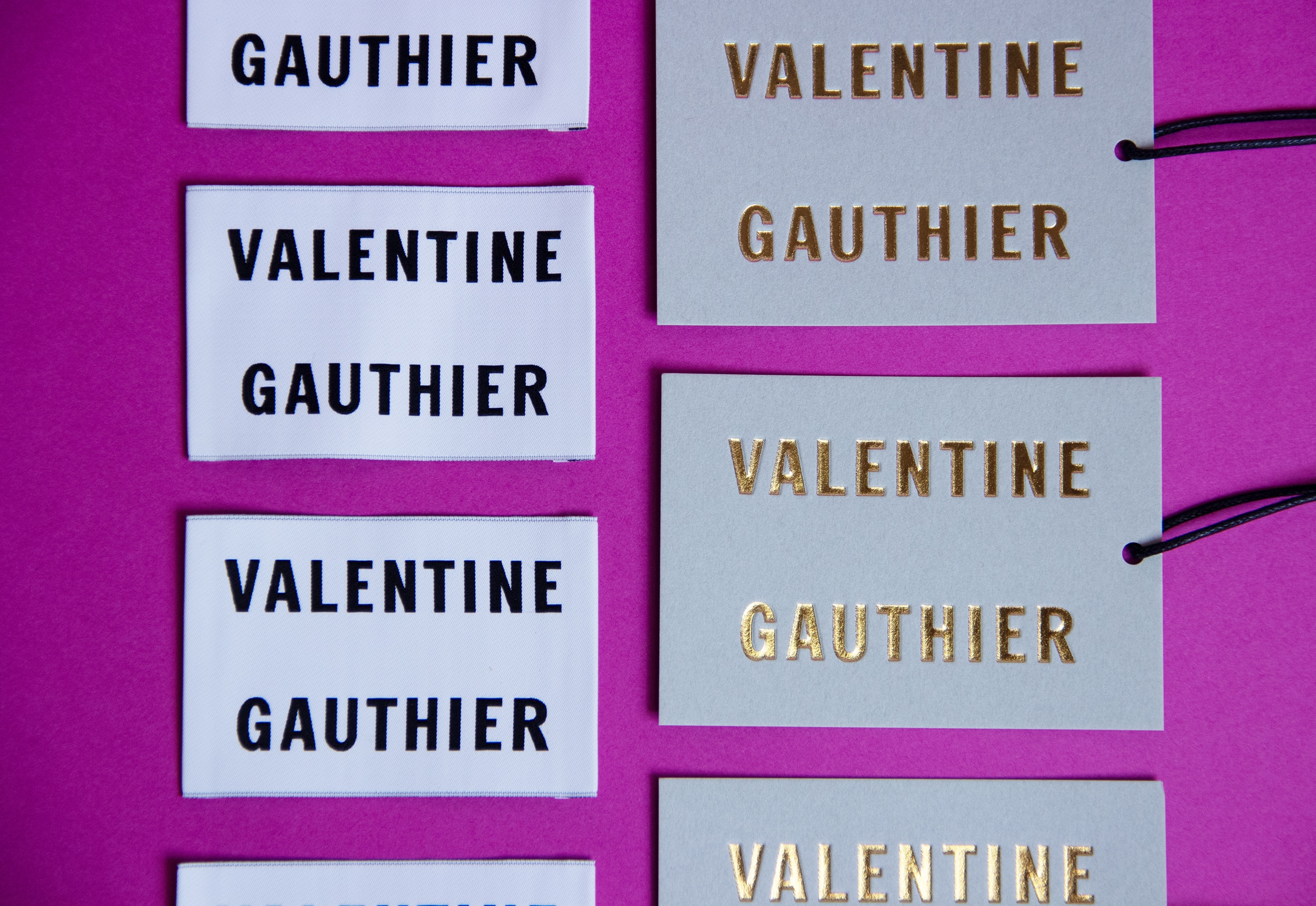 Griffes et hangtags Valentine Gauthier pour boutiques et retail.