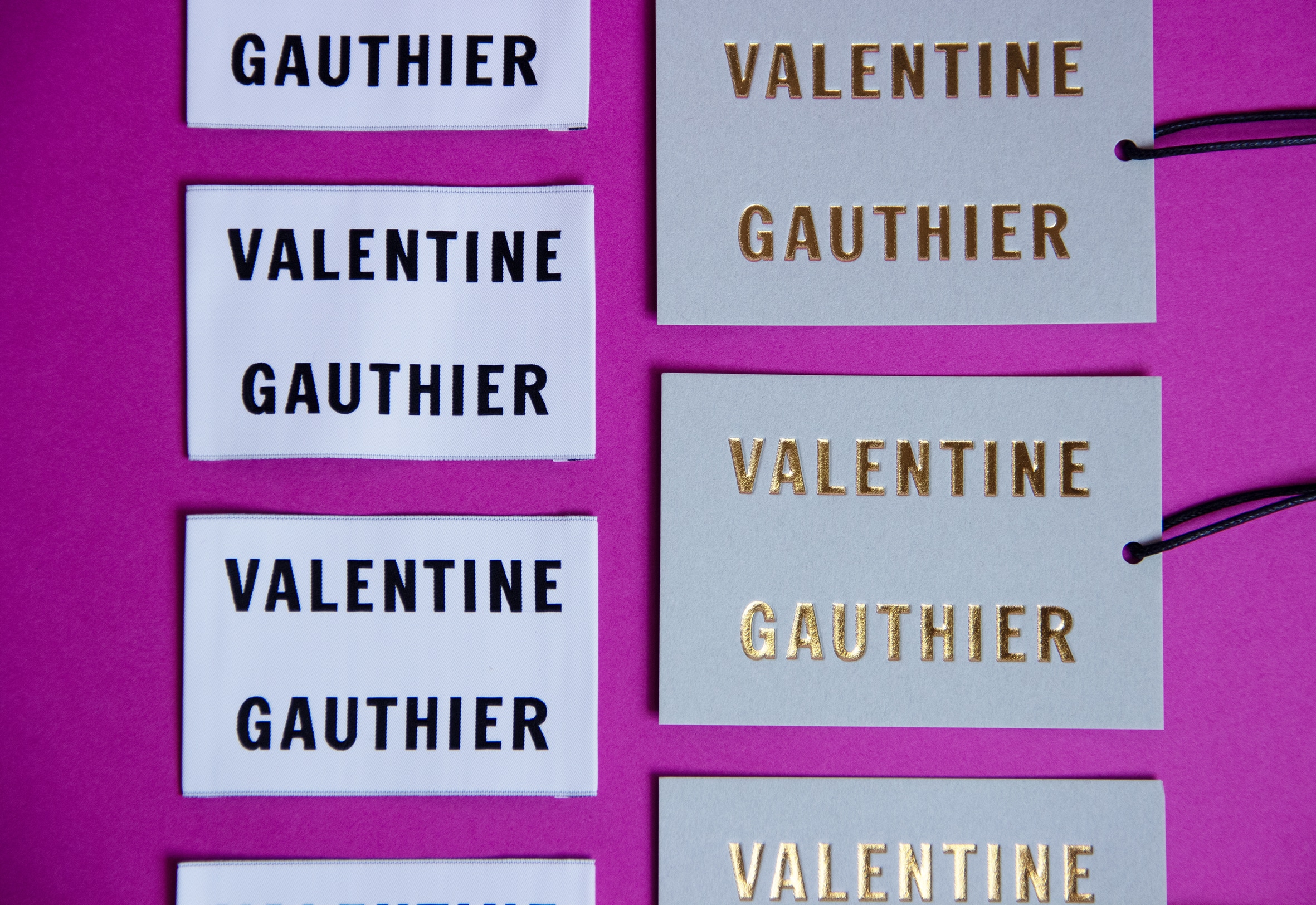 Griffes et hangtags Valentine Gauthier pour boutiques et retail.