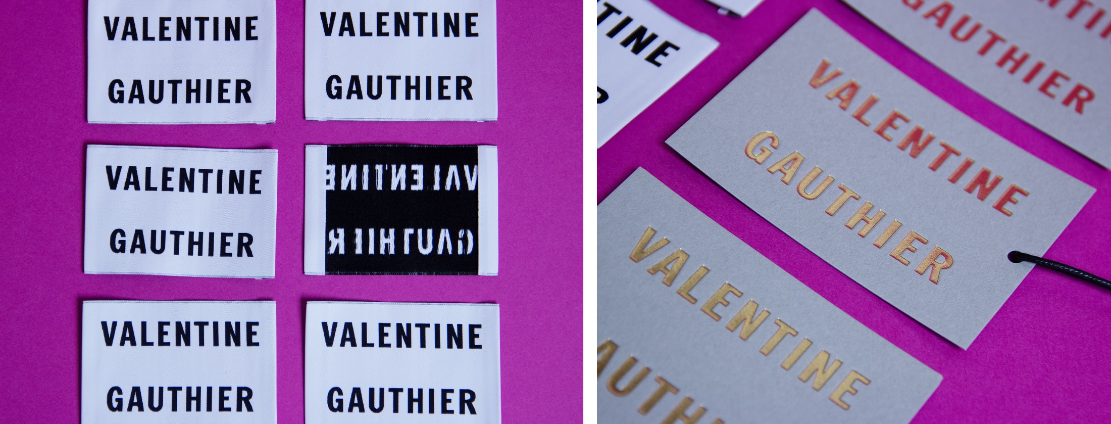 Griffes et hangtags Valentine Gauthier pour articles de mode.