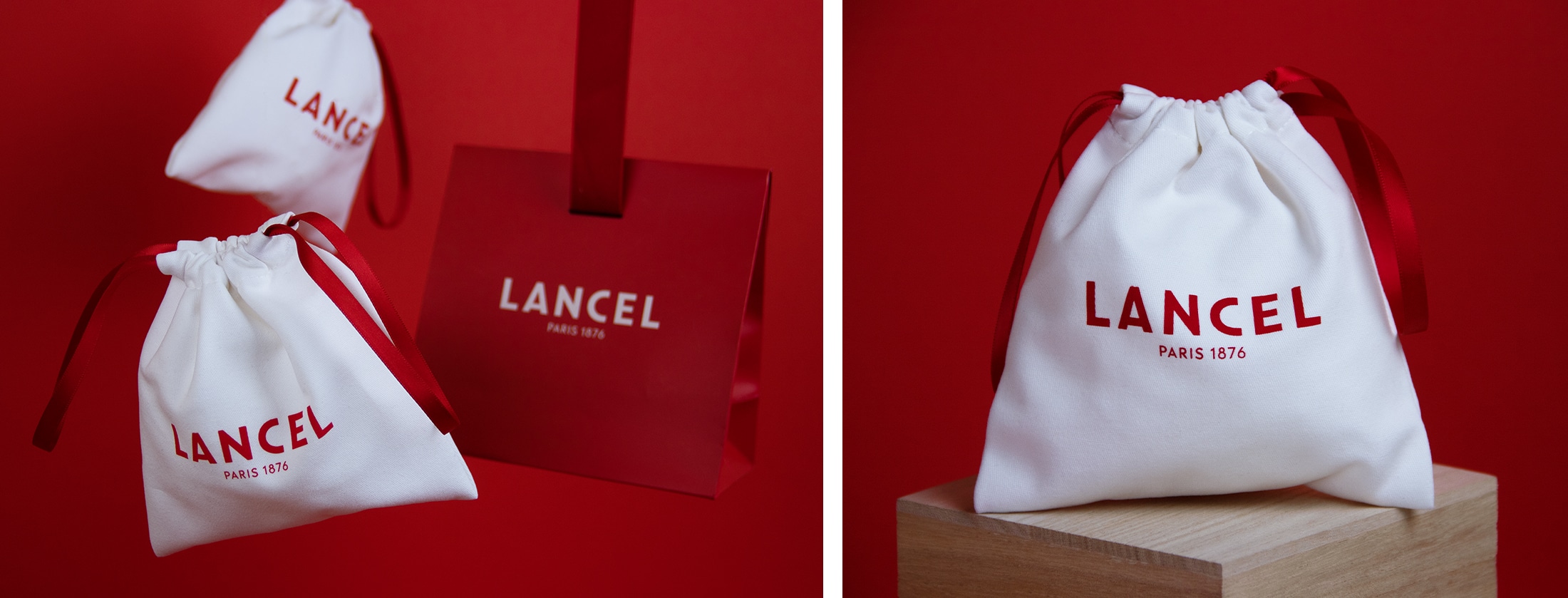 Pochon Lancel en coton blanc avec ruban rouge pour les petits produits.