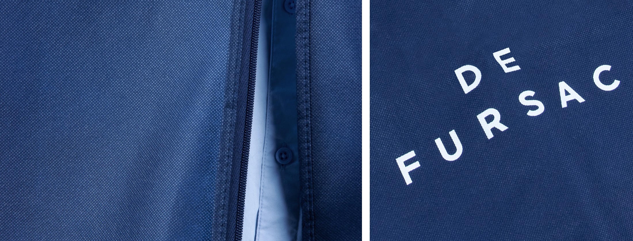 Housse vêtement avec fermeture zip pour chemise en intissé bleu avec marquage blanc De Fursac