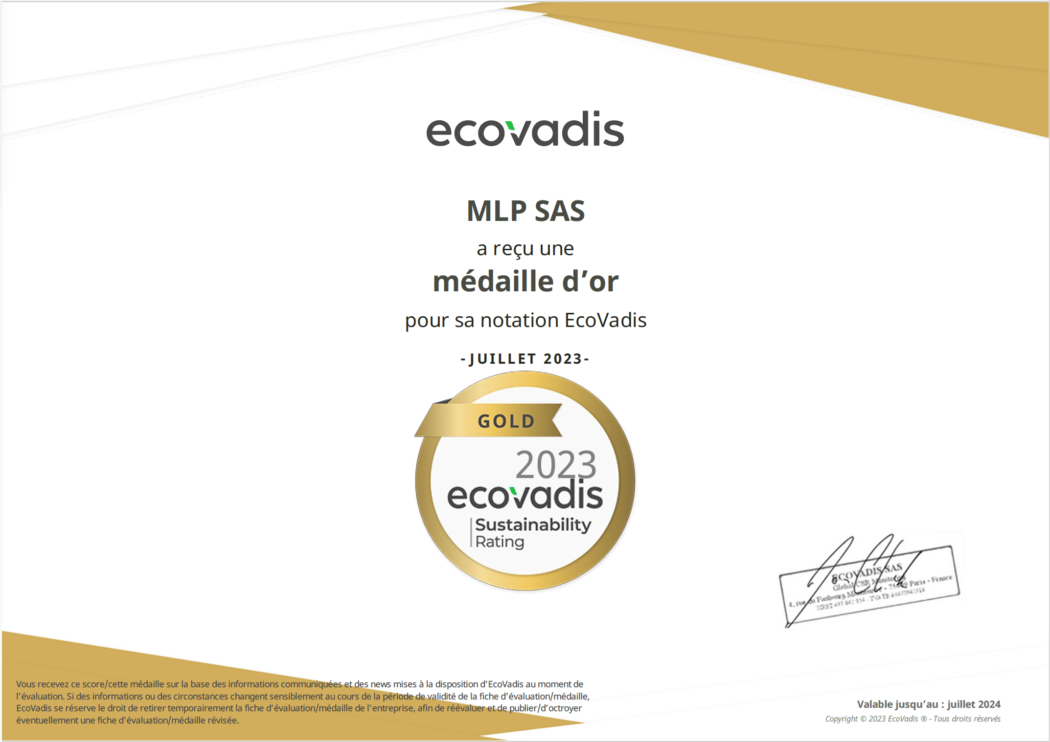Certificat ecovadis pour Max Luxury Packaging médaille d'or 2023